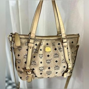MCM Visetos Leather 2-Way MM Neutral Shoulder Bag Satchel with MCM Dust Bag